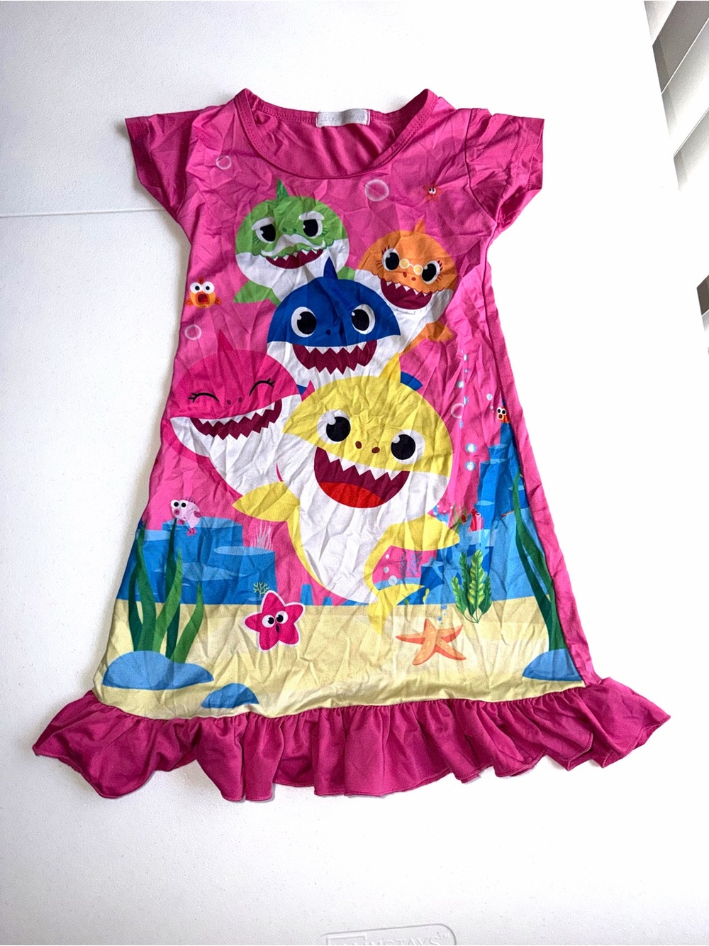 Girl’s Baby Shark pink dress with cartoon sharks and underwater scene T0127